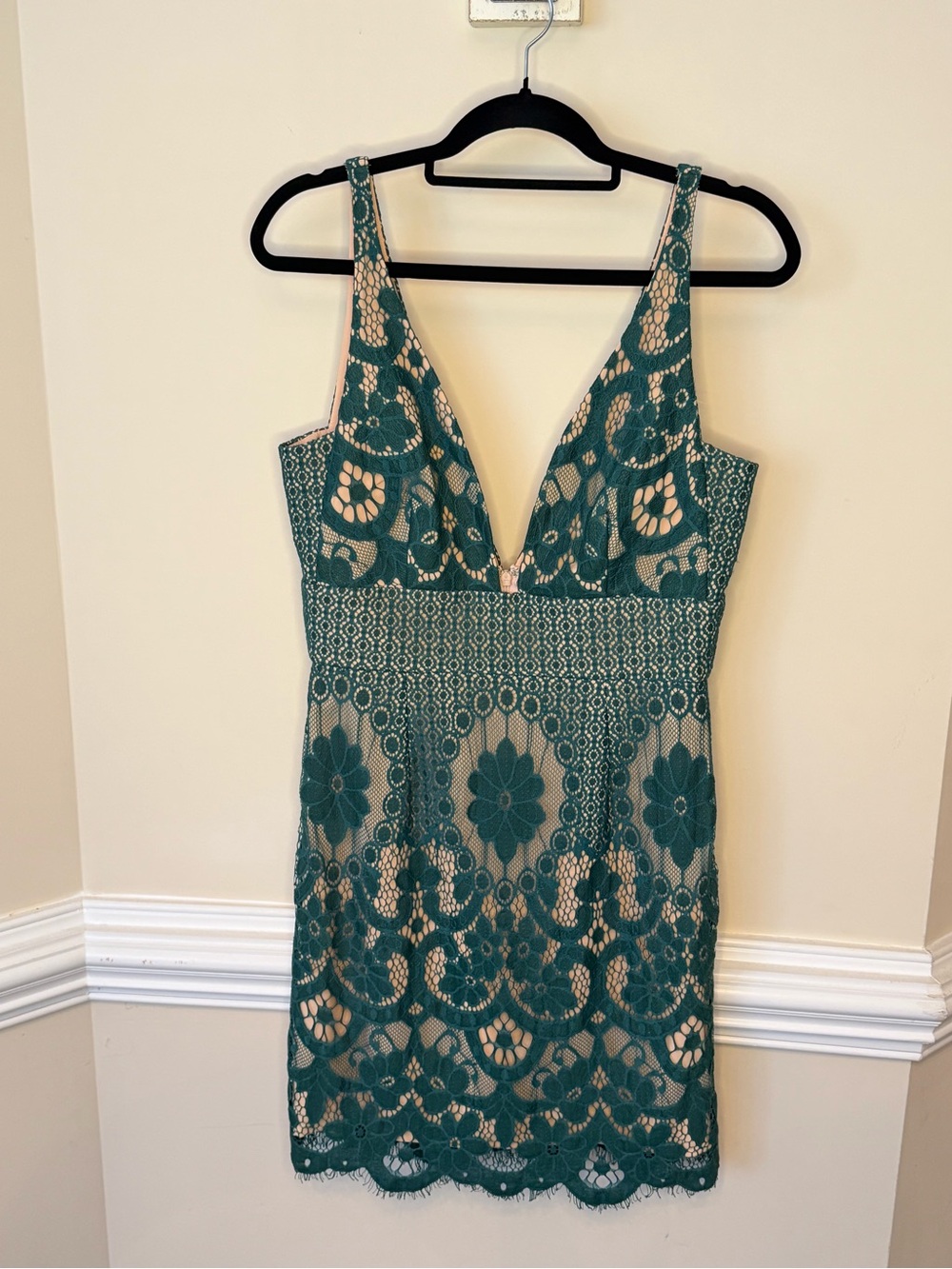 Minuet Petite Teal Lace Plunge V-Neck Mini Dress